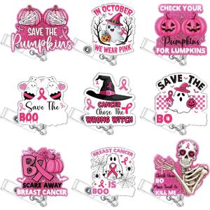 9 Pcs Halloween Nurse Badge Reel Retractable Pink Glitter Ghost Ghost Pumpkins Halloween Spooky Acrylic Badge Holder with ID Badges for Nursing Student Doctor Office Hospital