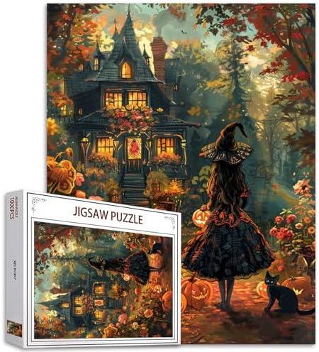 1000 Piece Jigsaw Puzzle-Halloween Dress Witch Puzzles 1000 Pieces for Adults,Black Cat Puzzle for Adults Puzzles for Adult 1000 Pieces Fall Pumpkin Garden Countyard