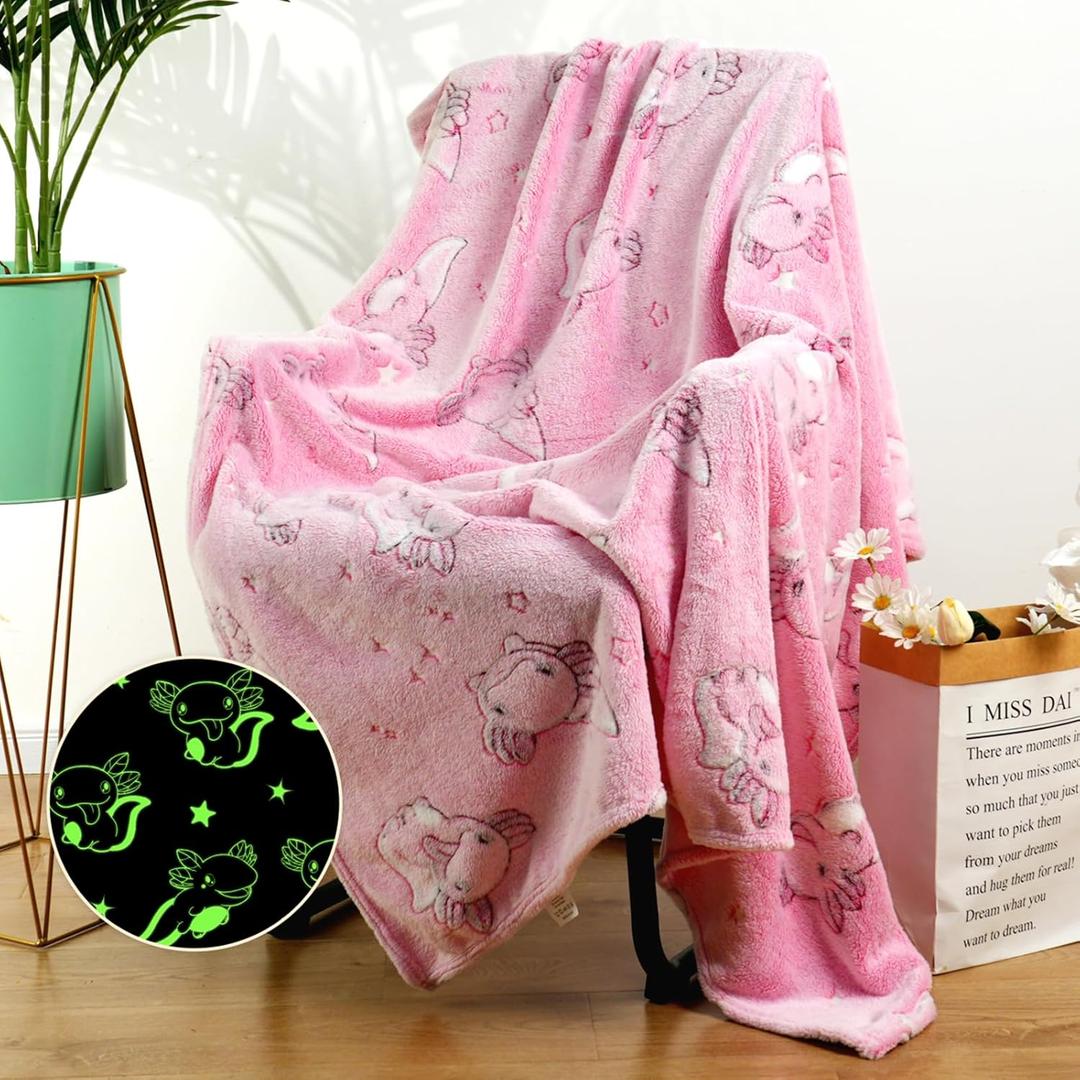 Axolotl Blanket Glow in The Dark Soft Salamander Pink Throw Gifts Toys Room Decor Cute Cozy Kids Blanket for Girls Teen (40"X60")