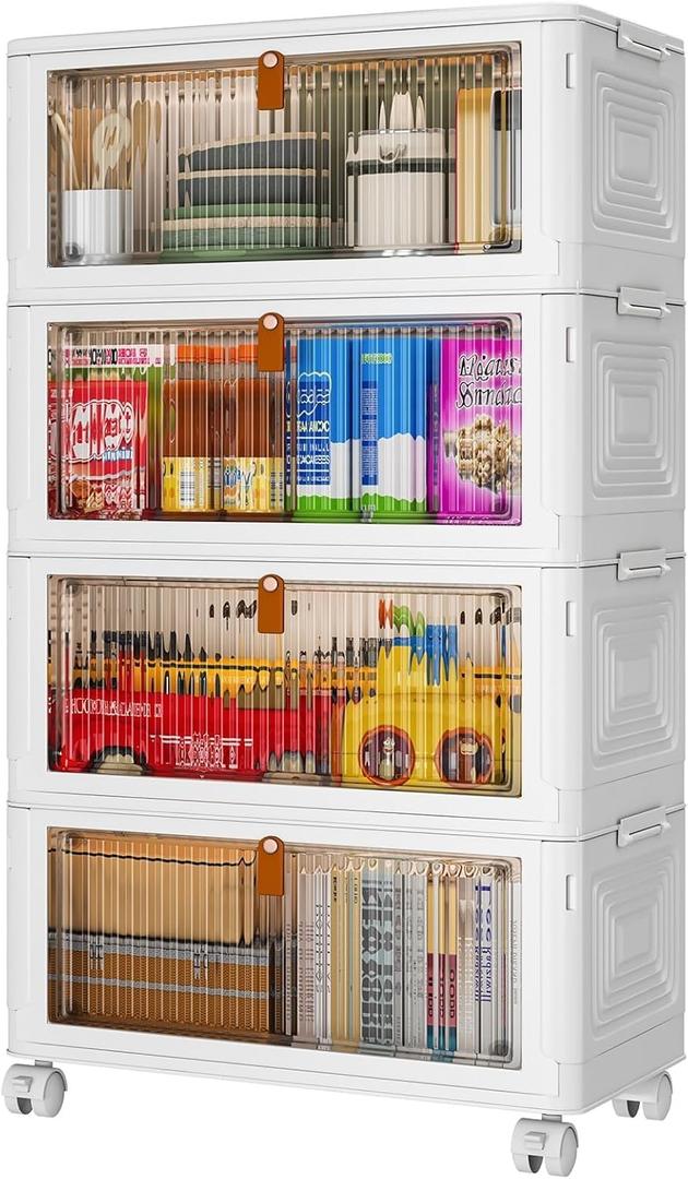 4 Tier Plastic Storage Bins with Lids 36QT, Stackable Storage Containers with Wheels, Folding Storage Boxes, Collapsible Storage Bins, Closet Organizers for Living Room,Office,School