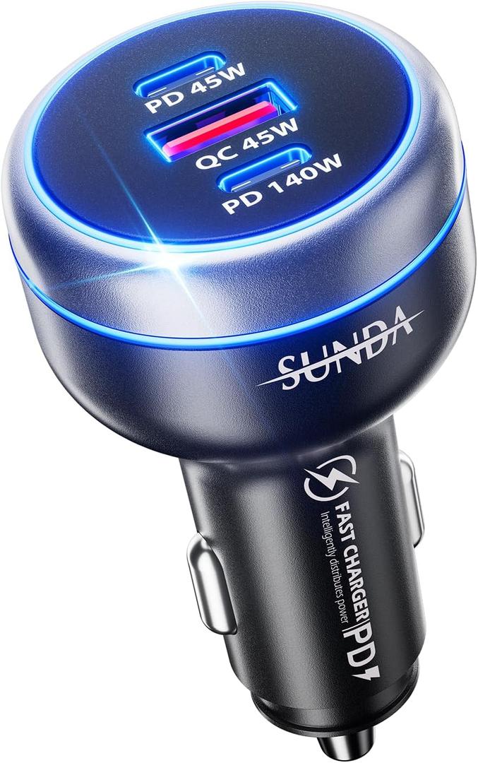 SUNDA 230W USB C Fast Car Charger, 3-Ports Mutiple Car Charger Adapter, Fast Charging PD140W/PPS63W/QC45W Compatible with iPhone16/15/14/MacBook/iPad/Laptop/SamsungS24, Cigarette Lighter USB Charger