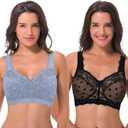 Curve Muse Women's Plus Size Minimizer Unlined Wireless Lace Full Coverage Bras (48B, Black,lt Blue(2 Pack))