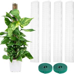 4 Pcs Plastic Moss Poles, 24 Clear Sphagnum Moss Sticks for Indoor Climbing Plants, Stackable Hollow Plant Supports with 10ft Ties, Plant Moss Poles for Monstera, White