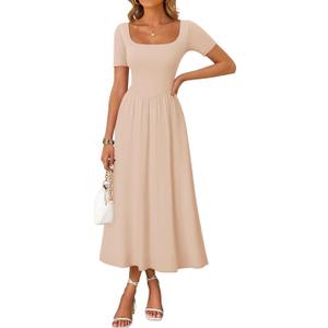 ZESICA Summer Dresses for Women 2026 Elegant Classy Square Neck Short Sleeve Flowy Cocktail Party Midi Dress (M)