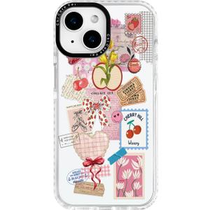 for iPhone 15 Case, Clear Summer Cherry Bows Strawberry Design Collage, Military-Grade Drop Protection, Vintage Soft Slim TPU Protective Cover with Camera Control for Girls Teens (SweetPost)