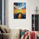 Canvas Wall Art Framed Seagull Beach Pier Sunset Coastal Ocean Vibrant Colorful Impressionist Nautical Seascape Wall Decor for Living Room Office Beach House Tropical Calm Relaxing Decor 16x24 Inches