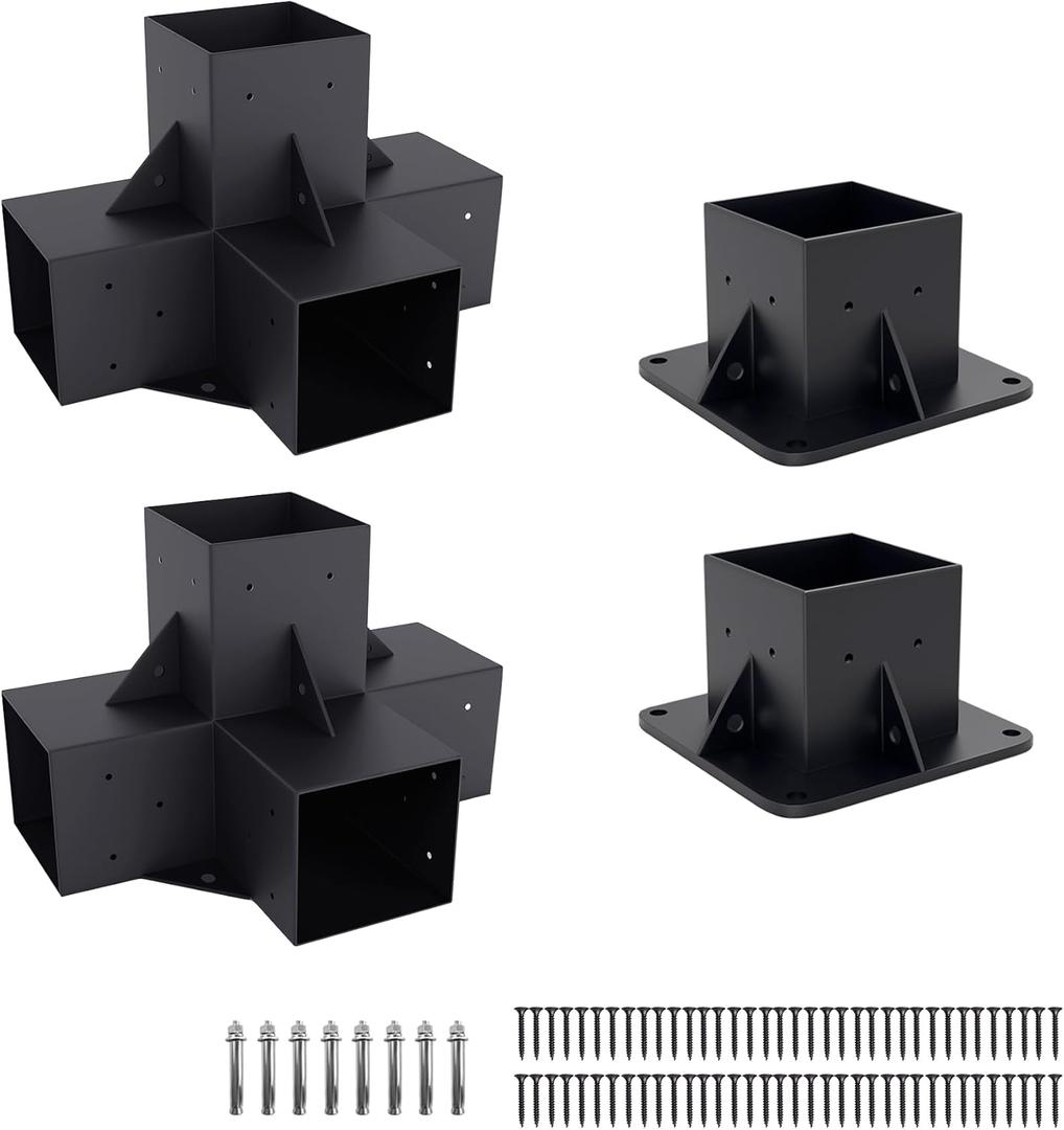 Pergola Kit Elevated Wood Stand Kit Woodwork for 4"x 4" (Actual 3.5" x 3.5"), Solid Steel Wooden Gazebo Kit for Outdoor 4-Way Right Angle Corner Bracket and Base Brackets - Includes Screws