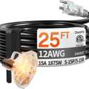 25 ft 12 Gauge Heavy Duty 3 Outlet Extension Cord Splitter with Indicator, Waterproof Outdoor Extension Cord with Multiple Outlets, 15A 1875W for Home & Workshop, ETL Listed, Black SJTW