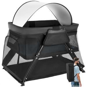 Lilian&Gema 2-in-1 Travel Crib, Portable Crib with Backpack, Lightweight Baby Travel Playpen, Foldable Play Yard with Thick Mattress for Babies & Toddlers, Baby Travel Essential (Black)