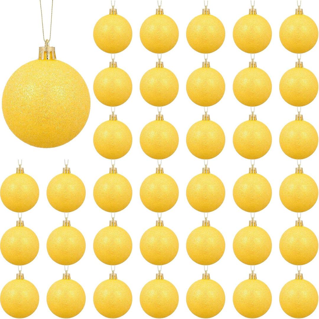 BBTO 36 Pcs Yellow Glitter Christmas Ornament, 2.4 Inch PVC Ball Decorations for Tree, Wreath, Table, Wall, Party