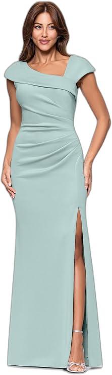 Xscape Women's Long Asymmetrical Neckline Scuba Dress, Sage, 16