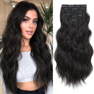 Clip in Hair Extensions for Women, 6PCS Long Wavy Curly Clip on Hair Extensions 16 Inch Dark Brown Synthetic Hairpieces