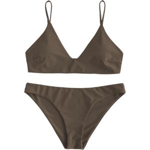 ZAFUL Women's Solid Spaghetti Strap Bralette Bikini Set Two Piece Swimsuit (X-Large, 1-deep Coffee)