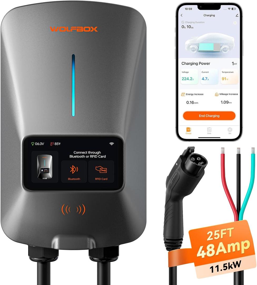 WOLFBOX Level 2 EV Charger 48 Amp - Smart Display, RFID Card, 25ft Cable, Outdoor/Indoor, Hardwired EV Charger Level 2, WiFi Enabled Electric Car Charger, 240V Electric Vehicle Charging Stations