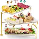 Lifewit 3 Tiered Tray Stand for Party Entertaining, 12"6.5" Serving Platters and Trays, Reusable Plastic Trays with Stable Gold Mental Stand for Veggie, Fruit, Cookies, Dessert (14.4" x 6.5" x 9.8")