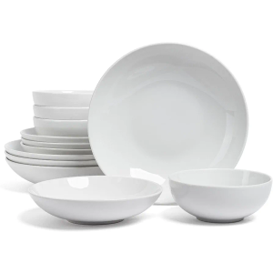 over&back Coupe Dinnerware Bowl Set - Porcelain Dishes - Comes with 4 Pasta Bowls, 4 Cereal Bowls, and 4 Dinner Bowls - 12-Piece All-Occasion Place Settings - Glossy White