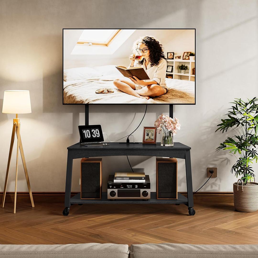 CHOEZON Mobile TV Stand with Charging Station and Adjustable Mount, 2-Tier Rolling TV Console Table for TVs up to 70 inch, for Living Room, Bedroom, Black TDS10UBB, 39.3"L x 16.5"W x 53.1"H