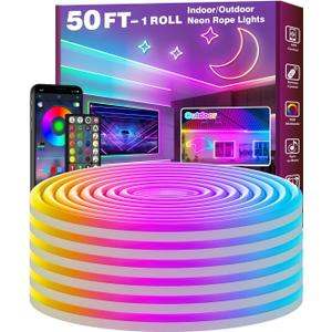 FBZ 50Ft Led Rope Lights, Flexible Neon Lights Control with App/Remote, Multiple Modes, IP65 Outdoor RGB Waterproof, Music Sync Gaming Light Strip for Bedroom Decor