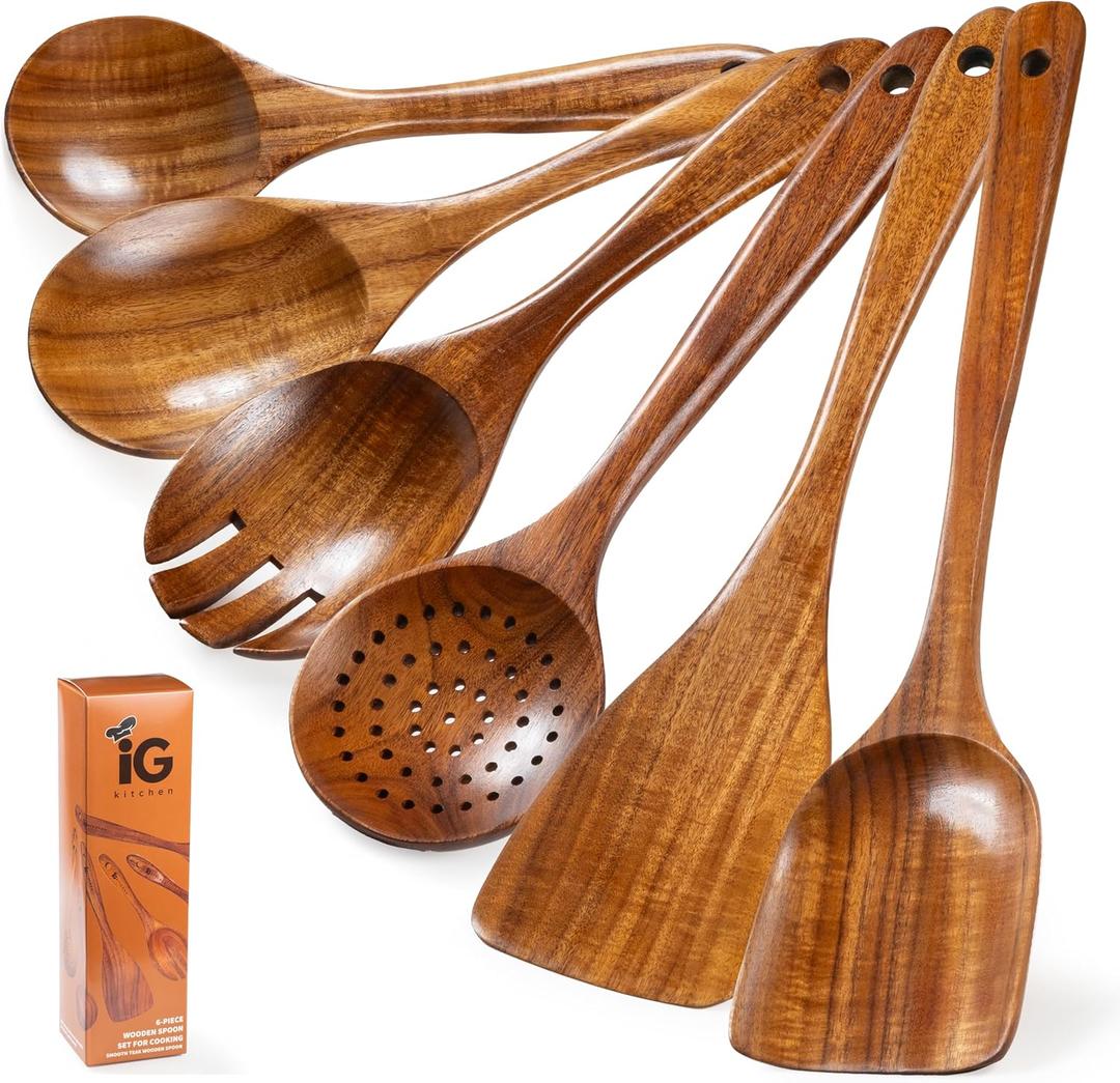 New Kitchen 6 Piece Non Toxic Wooden Spoons for Cooking - Smooth Finish Teak Kitchen Utensils Set - Non-Stick Wooden Spatula Perfect for Pasta, Mixing and Kitchen Essential and Gift
