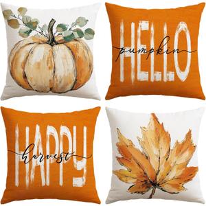 3 x Artscope Fall Decorative Throw Pillow Covers 18x18 Inch Set of 4, Hello Happy Autumn Pumpkin Maple Leaves Harvest Outdoor Farmhouse Pillow Cases for Home Sofa Couch-Orange A