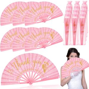 12 Sets Large Wedding Glitter Foldable Fans Bulk Wedding Festival Handheld Fans with Organza Bag Thanks for Celebrating with Us Favors for Guests Bridal Shower Wedding Dancing Party(Pink)