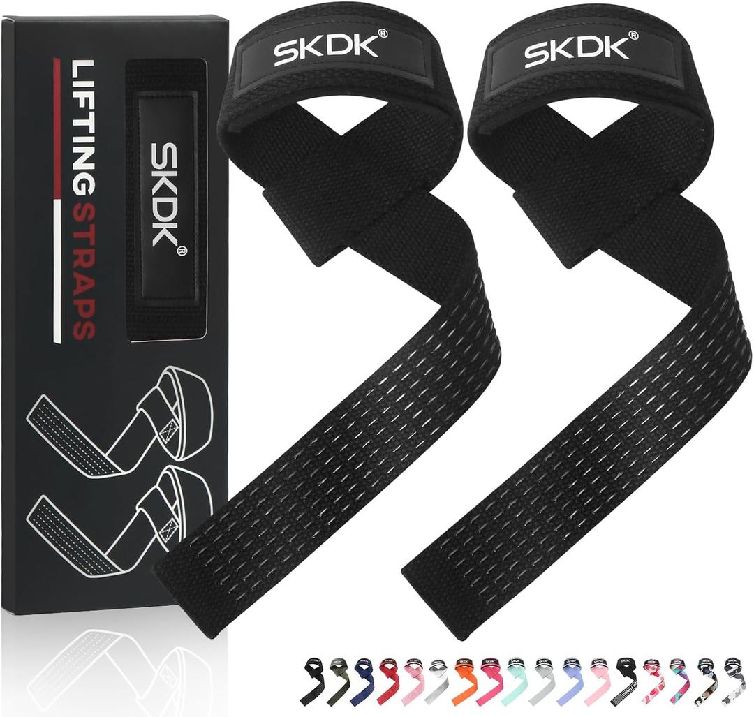 SKDK Cotton Hard Pull Wrist Lifting Straps Grips Band-Deadlift Straps with Neoprene Cushioned Wrist Padded and Anti-Skid Silicone - for Weightlifting, Bodybuilding, Xfit, Strength Training (Black)