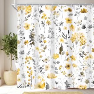 Cinbloo Yellow Gray Grey Flower Floral Shower Curtain,Wildflower Leaves Leaf Fabric Bathroom Curtains,Botanical Natural Watercolor Spring Summer Butterfly Cloth Shower Curtain Set with Hooks, 72Wx72H
