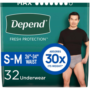 Depend Fresh Protection Adult Diapers, Incontinence Underwear for Men, Disposable, Maximum, Small/Medium, Grey, 32 Count