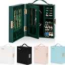 Travel Jewelry Case, Essentials for vacation, Portable Bangle Box with Mirror, PU Leather Small Watch Organizer for Rings, Earrings, Necklaces, Bracelets (Dark Green)