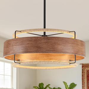 24" Farmhouse Rattan Chandelier, 4-Lights Large Boho Wood Texture Chandelier, Adjustable Rustic Hanging Light Fixtures for Dining Room Kitchen Island Living Room Bedroom Hallway
