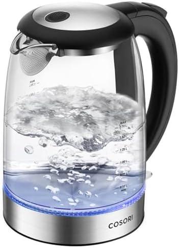 Cosori Electric Kettle, No Plastic Filter & Spout, 1.8Qt Tea Kettle & Hot Water Boiler For Coffee & Tea, Water Heater & Teapot, Automatic Shut Off, Borosilicate glass, Black, 1500W