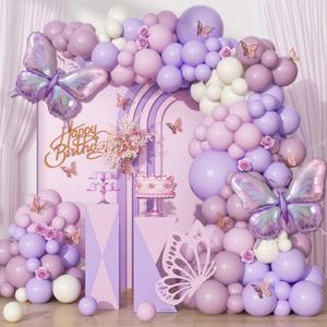 128pcs Pink and Purple Butterfly Balloon Arch Kit, Party Decorations with Sand White Dusty Purple Butterfly Balloon Stickers for Theme Birthday Baby Shower Wedding Decorations
