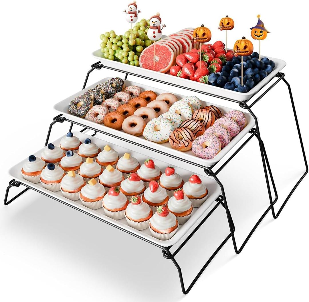 Bumusty Extra Large 3-Tier Melamine Serving Tray Set and Cupcake Stand for Party Events, 17" Platters with Tiered Stand, Holds 63 Cupcakes, Food, Dessert, and Fruit  Black
