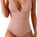 Eomenie Women's One Piece Swimsuit Tummy Control Bathing Suit V Neck Slimming 1 Piece Swimwear (XX-Large, Light Pink Ribbed)