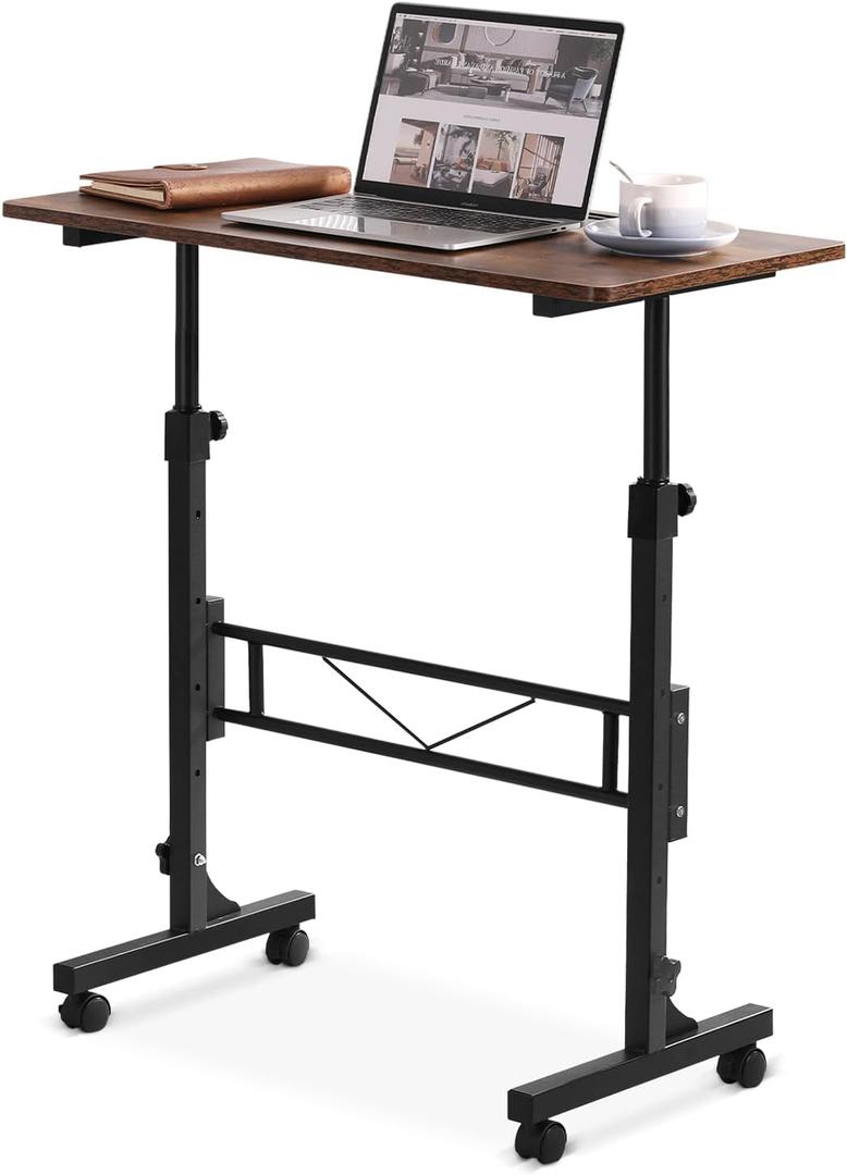 Small Standing Desk Adjustable Height, Mobile Stand Up Desk with Wheels, 32 Inch Portable Rolling Desks Conference Room Tables for Walking Pad Treadmill Wood Rustic