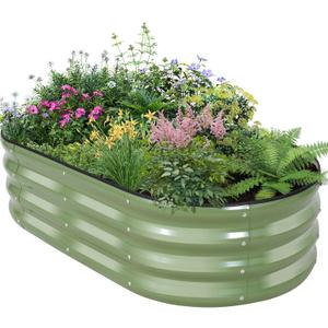 Galvanized Raised Garden Bed Outdoor - 421ft Planter Raised Beds for Gardening | Oval Metal Garden Planter Box with Safety Edging and Gloves for Vegetables Fruits and Flowers OliveGreen