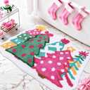 Whaline Christmas Rug Pink Green Christmas Tree Bath Mat Non Slip Doormat Xmas Winter Front Mat for Holiday Home Bathroom Decoration