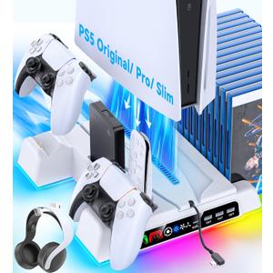 PS5/ Slim/Pro Stand for Disc & Digital Console, PS5 Cooling Station with Dual Controller Charging Station for PlayStation 5 Console, 3-Level Fan PlayStation 5 Controller Charger Accessories Stand (White)