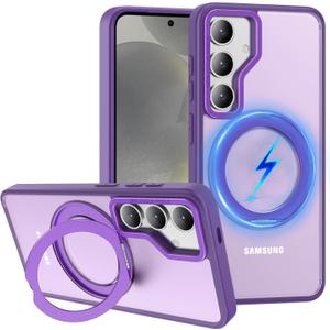 360 Rotatable Magnetic Ring for Samsung Galaxy S25 Plus Case [Military Grade Drop Protection] with Kickstand, Matte Translucent Slim Case for S25 Plus 6.7", Purple