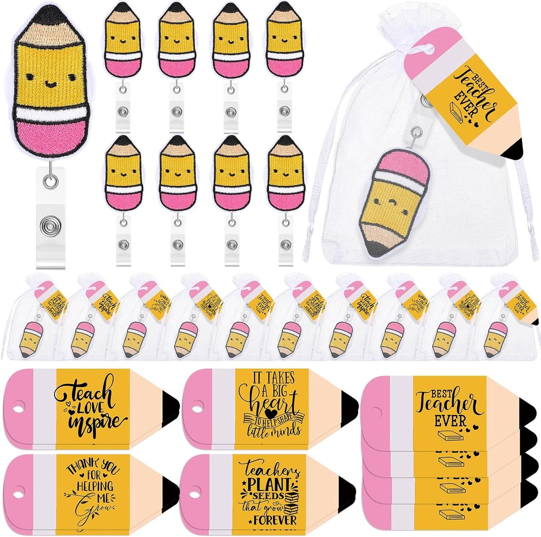 Kolldenn 12 Sets Teacher Appreciation Gifts Include Teacher Badge Reel Pencil Shaped Badge Holder Retractable Clip with Thank You Cards Gift Bags Thank You Gifts for Colleague Assistant