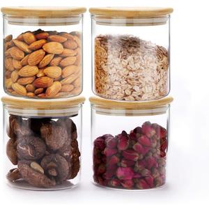SIXAQUAE Glass Food Storage Containers Jar Seal Bamboo Lids 4 Packs 600ml Airtight Canister Organization Sets Stackable (Bamboo Lid 4x600ML)