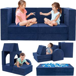 10 Pcs Modular Kids Play Couch, Foam Kids Play Couch for Playroom & Bedroom, Multifunctional Children Sofa Building Fort for Boys and Girls with Soft Foam and Removable Cover, Blue
