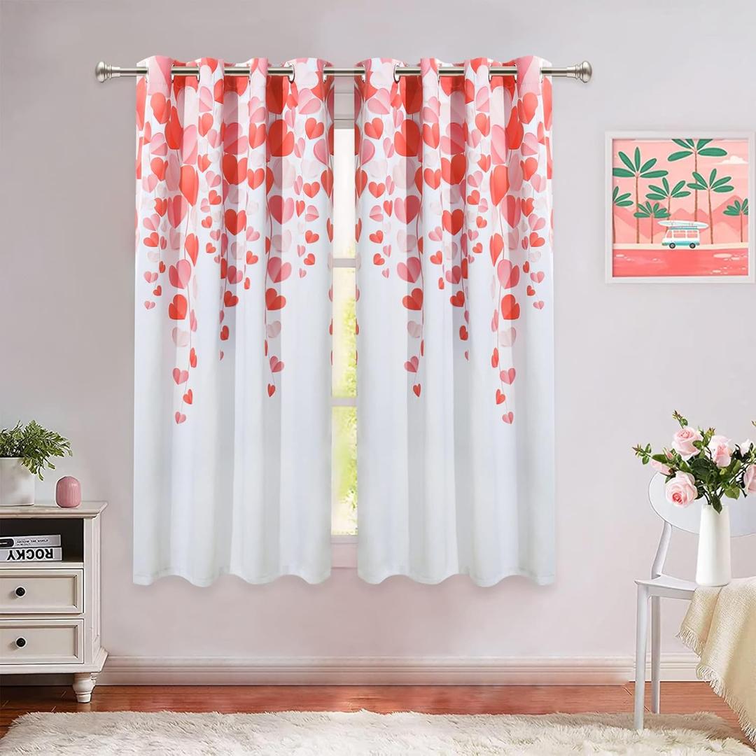 FRAMICS Valentines Day Hearts Curtains, Falling Red Hearts Window Curtains Room Darkening Grommet Top Curtains Light Reducing Window Drapes for Living Room and Bedroom, 52 x 63 Inch, Set of 2 Panels