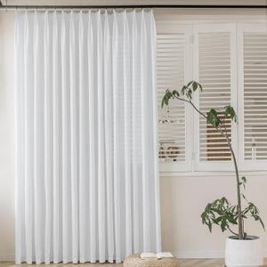 MAIHER Extra Wide Semi Sheer Pinch Pleated Curtains 72 Inches Wide White Linen Texture Pleated Drapes with Hooks Light Filtering for Living Room Sliding Glass Door 1 Panel 72" W x 84" L