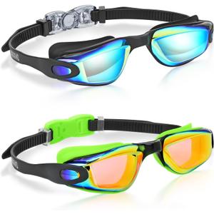 Aegend Swim Goggles for Kids Youth 3-14 Anti-Fog Anti-UV Comfort Fit Goggles for Swimming (Aqua & Green-orange)