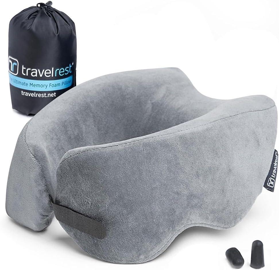 TRAVELREST Nest Neck Pillow Travel Essentials - Memory Foam Pillow and Patented Design, Support for Long Flights, Travel Accessories, Comfortable and Compact, Washable, Attaches to Luggage - Gray