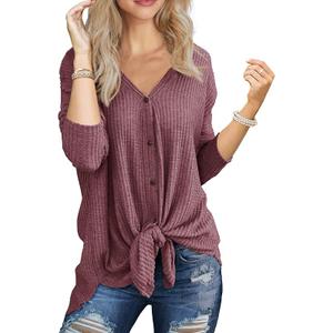 IWOLLENCE Women's Waffle Knit Tunic Blouse Tie Knot Henley Tops Loose Fitting Bat Wing Plain Shirts Large
