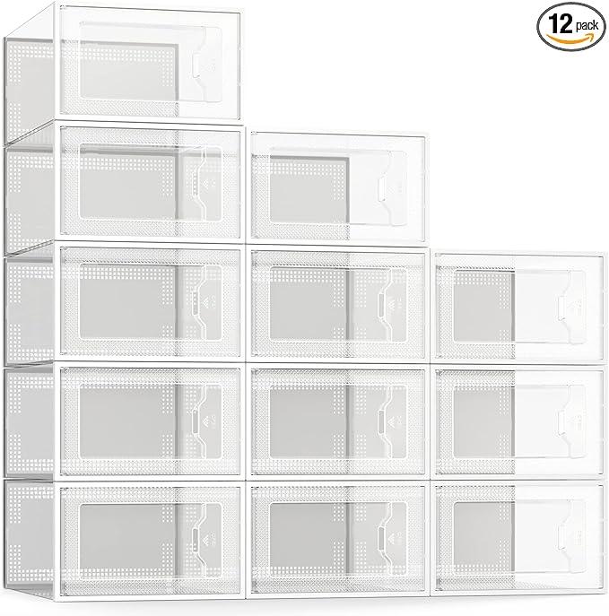 SEE SPRING 12 Pack Shoe Storage Box, Clear Plastic Stackable Shoe Organizer for Closet, Space Saving Foldable Shoe Rack Sneaker Container Bin Holder