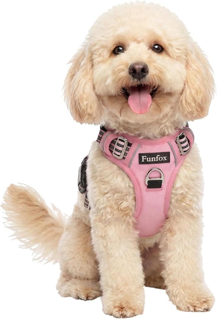 Funfox Dog Harness No Pull, Adjustable Pet Vest Harness, Super Soft Material with Vertical Handle Easy Control, Reflective Night Walking, 2 Leash Clips for Small Sized Dogs, Pink