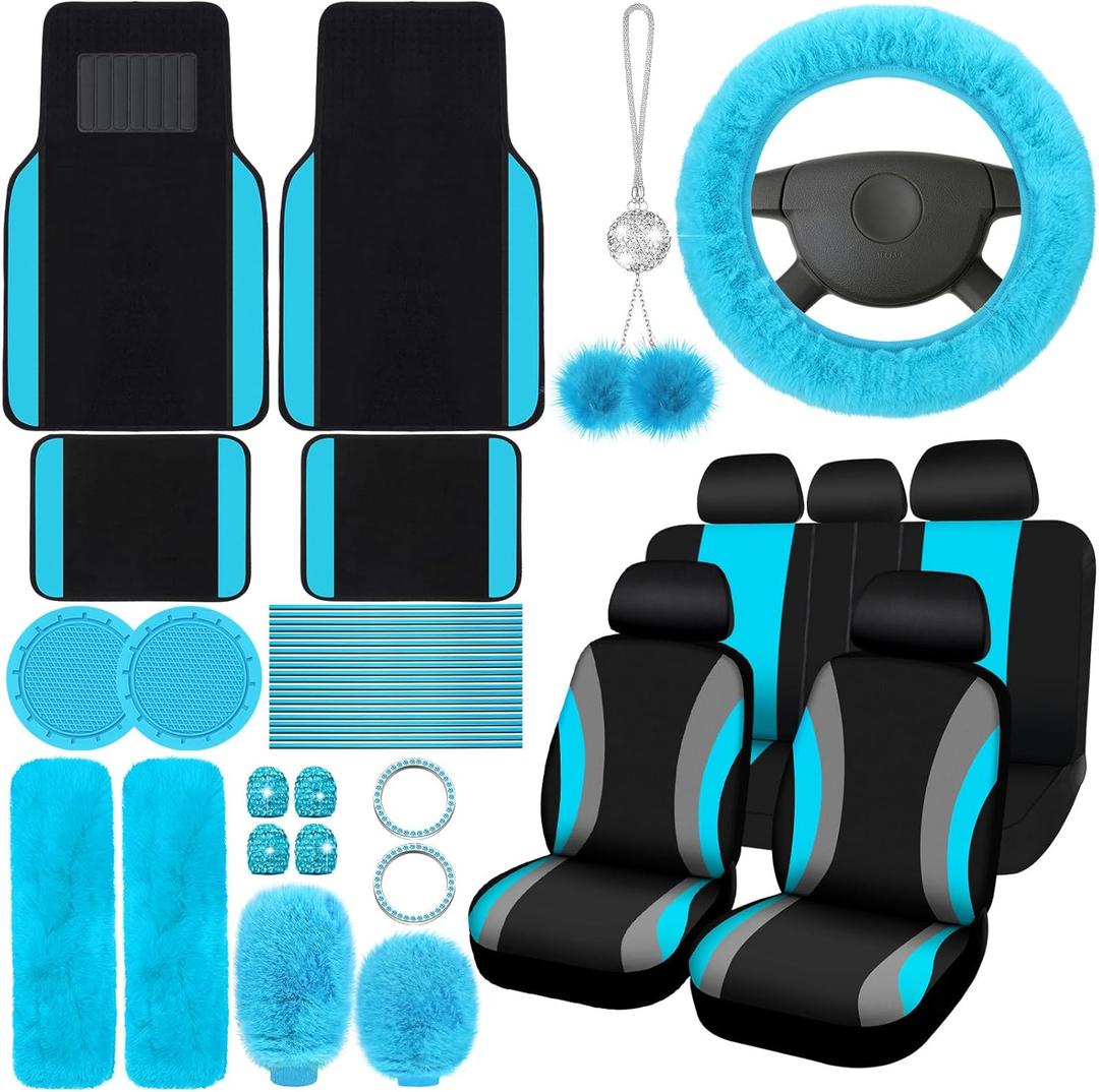 ROCEEI 47 Pcs Car Seat Cover Full Set Car Accessories for Front Rear Seat Fluffy Steering Wheel Cover Belt Automotive Floor Mats Air Conditioner Decoration Strip(Lake Blue) ROCEEI 47 Pcs Car Seat Cover Full Set Car Accessories for Front Rear Seat Fluffy Steering Wheel Cover Belt Automotive Floor Mats Air Conditioner Decoration Strip(Lake Blue)
